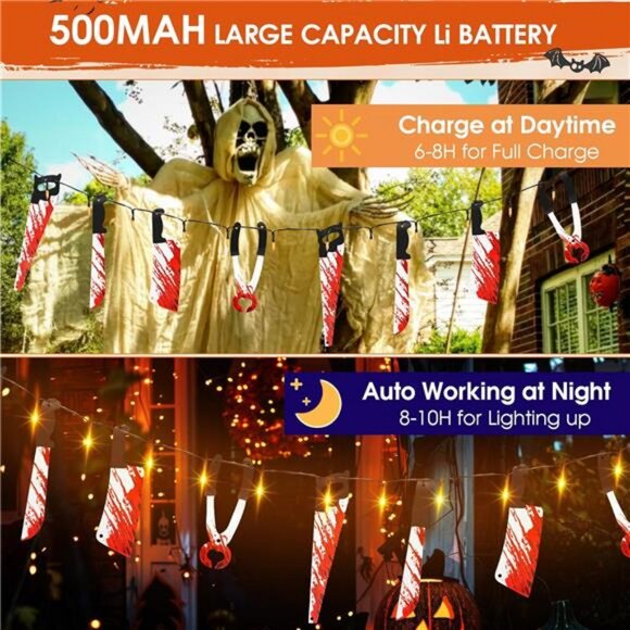 Halloween Solar String Lights with Fake Knife, 16.4FT and 50 Orange LEDs - Picture 2 of 8